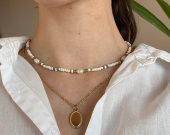 Zara~ Perlenkette Boho Süßwasserperlen Halskette Perlen Choker Rocailles Personalisierbar Kette