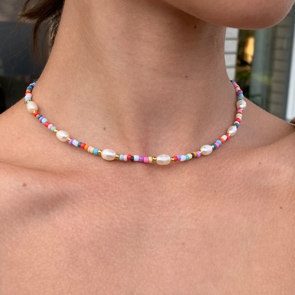 June~ Perlenkette Boho Süßwasserperlen bunte Halskette Perlen Choker Rocailles Personalisierbar Kette