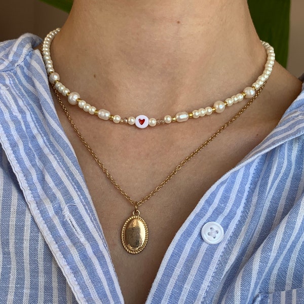 Cecile~ Perlenkette Kette gold Glasperlen bunt Choker Personalisierbar Herzperlen Süßwasserperlenkette Süßwasserperlen