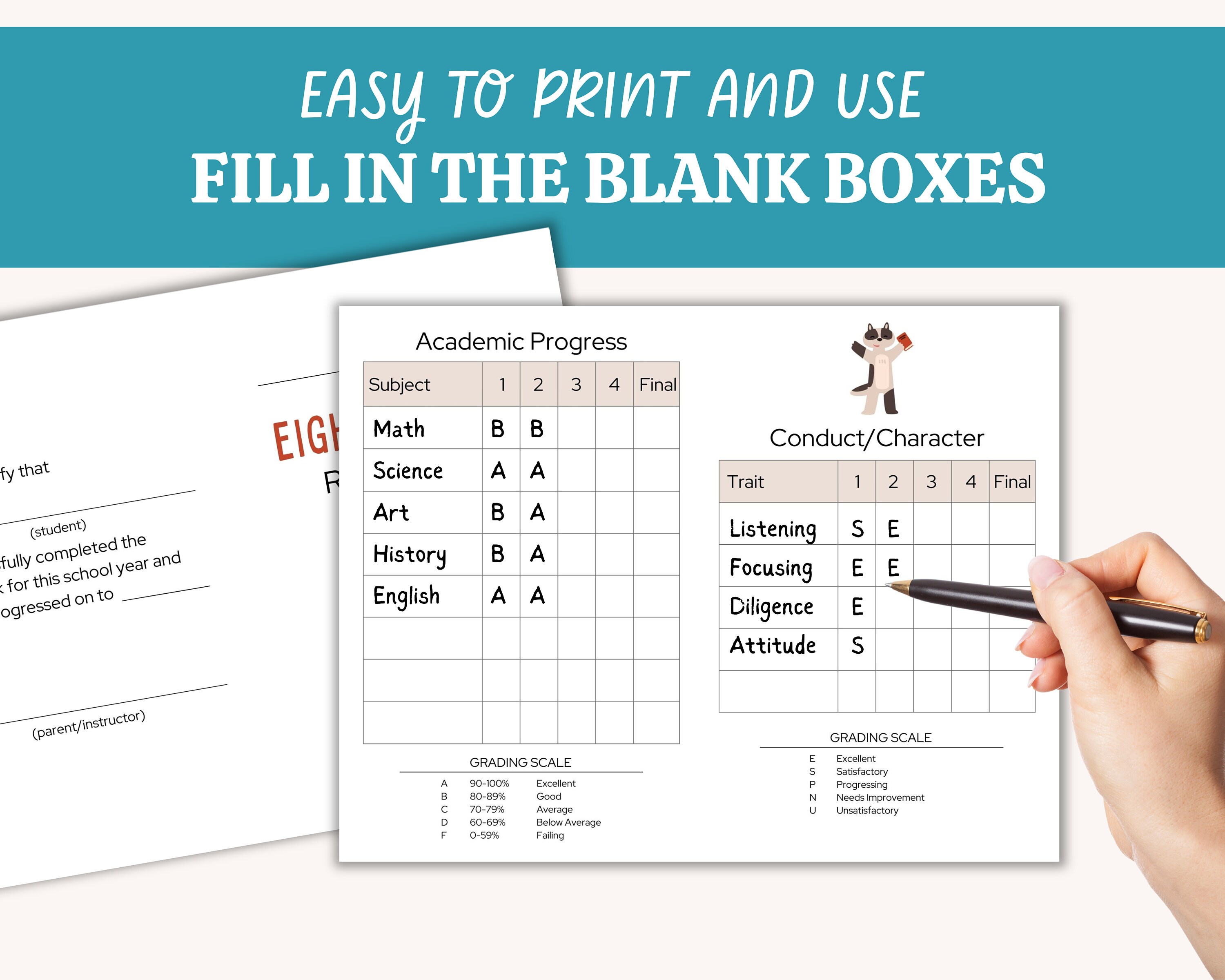 8th Grade Report Card Printable Homeschool Report Card Middle School ...