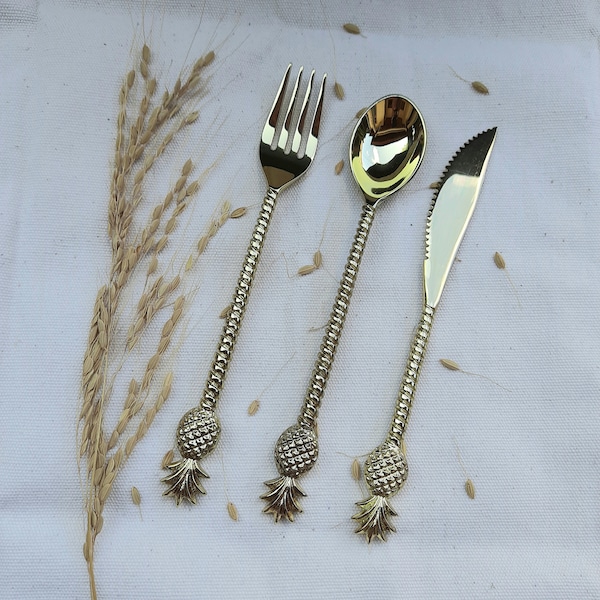 Brass - Pineapple Set - High Quality, Brass Flatware, Brass Cutlery Tropical, Brass Kitchenware set