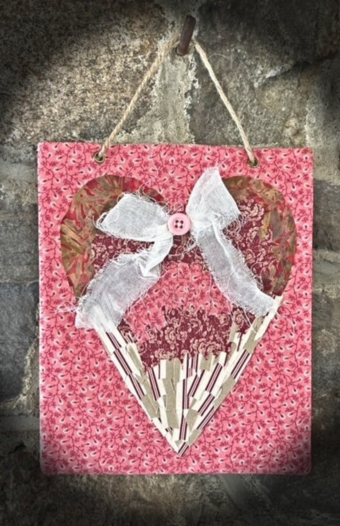 A-109 Pink Heart Fabric Collage Wall Hanging - Etsy
