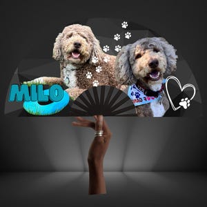 May include: A black hand fan with a design featuring two dogs, paw prints, and the name "MILO" in blue. The dogs have brown and gray fur. The fan is held by a hand with silver rings.