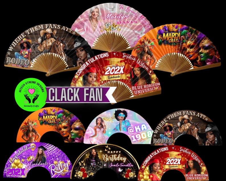 May include: A collection of decorative hand fans with various designs and text. Some fans feature images of women, text that says "Mardi Gras", "Rodeo", and "Congratulations". The fans have wooden handles and are in a semi-circular shape.