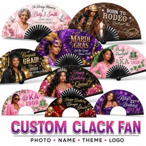 May include: A collection of custom clack fans featuring various designs including memorial tributes, rodeo themes, Mardi Gras motifs, graduation celebrations, birthday themes, and sorority branding with text like Congrats Grad, Mardi Gras, and Happy Birthday.