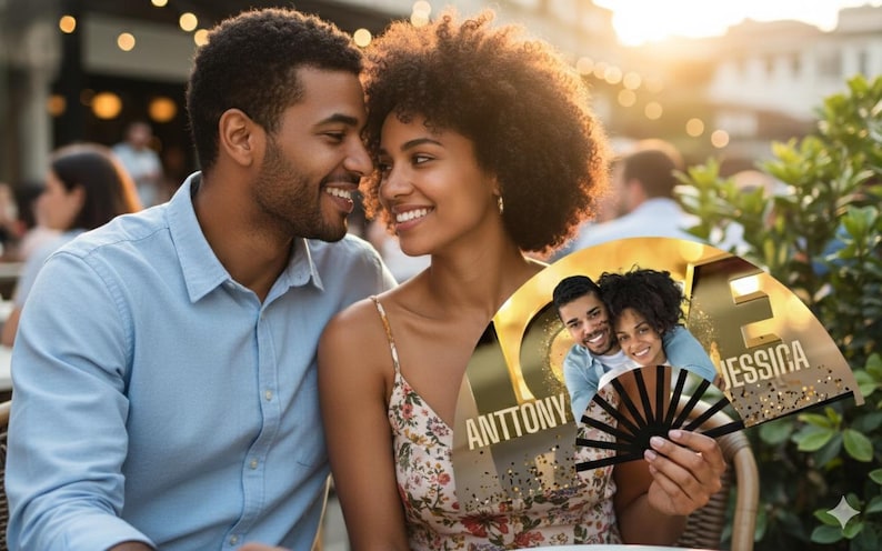 May include: A couple smiles, with the woman holding a personalized fan. The fan features a photo of the couple, the word "LOVE" in gold, and the names "ANTTONY" and "JESSICA". The fan has a black and brown design.