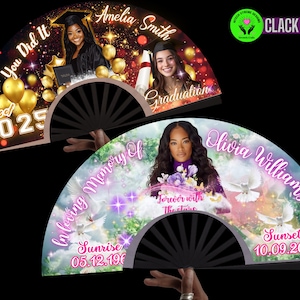 May include: Two black folding fans with custom designs. One fan features a graduation theme with the text "You Did It", "Class of 2025", and a photo. The other fan has a memorial theme with the text "In loving Memory of" and a photo.