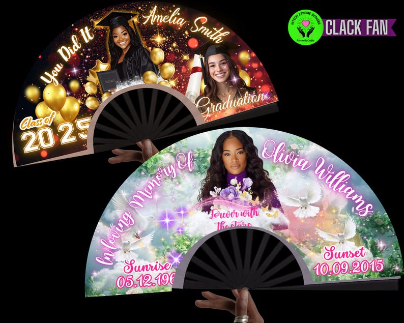 May include: Two black folding fans with custom designs. One fan features a graduation theme with the text "You Did It", "Class of 2025", and a photo. The other fan has a memorial theme with the text "In loving Memory of" and a photo.