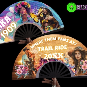 May include: Two black hand fans with colorful designs. One fan features the text "AKA 1909" with images of women. The other fan has the text "WHERE THEM FANS AT? TRAIL RIDE 20XX" with a woman on a horse and floral accents.