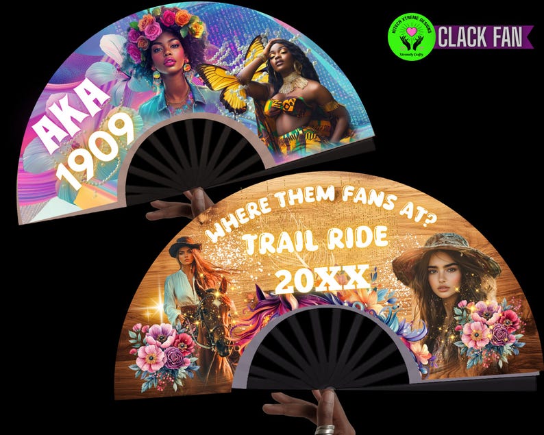 May include: Two black hand fans with colorful designs. One fan features the text "AKA 1909" with images of women. The other fan has the text "WHERE THEM FANS AT? TRAIL RIDE 20XX" with a woman on a horse and floral accents.