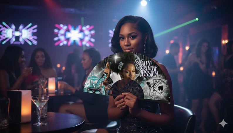 May include: A woman holding a decorative fan with the text "Happy Birthday Jessica" in a nightclub setting. The fan features a photo and playing card graphics. The background includes other people, lights, and tables.