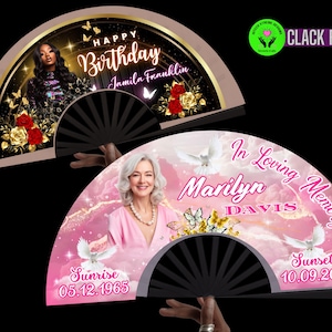 May include: Two decorative Clack Fans. One fan has a photo and text that reads "Happy Birthday Jamila Franklin". The other fan has a photo and text that reads "In Loving Memory Marilyn Davis". Both fans have black ribs and are held open.
