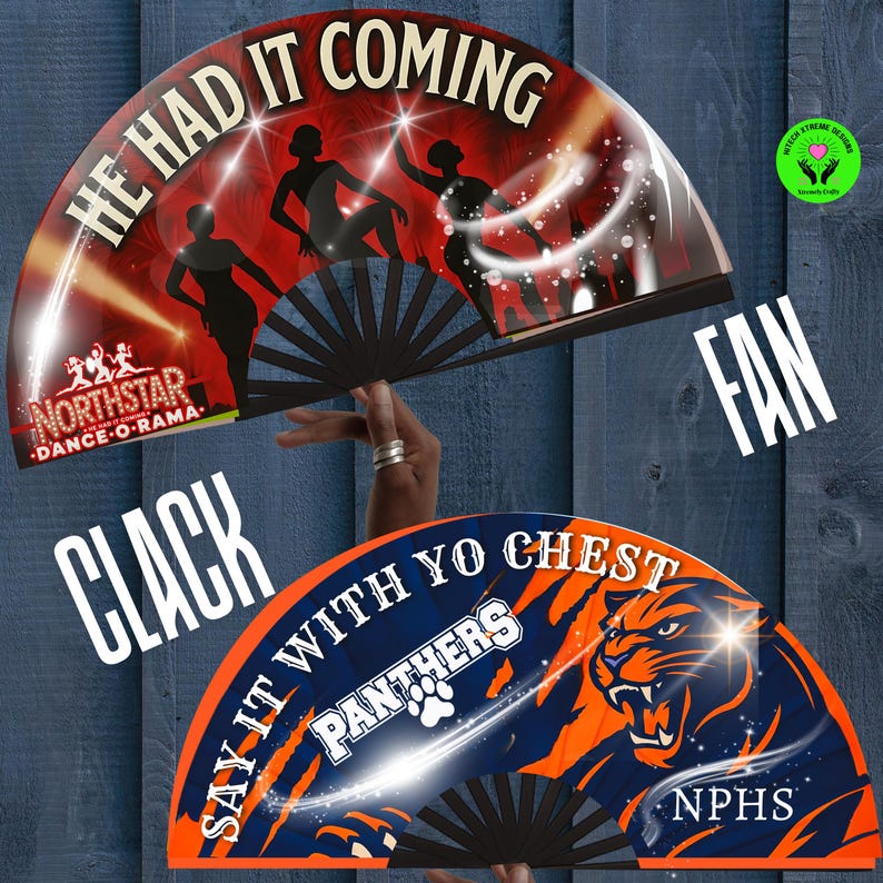 May include: Two decorative hand fans. One fan has the text "HE HAD IT COMING" and silhouettes of dancers. The other fan has the text "SAY IT WITH YO CHEST PANTHERS" and a tiger graphic. Both fans are black and orange.