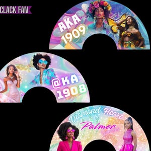 May include: Decorative fan with a semi-circular shape, featuring images of women and text. The fans have a colorful design with the text "AKA 1909", "@KA 1908", and "Diamond Heart Palmer". The fans are likely used for decoration or as a fashion accessory.