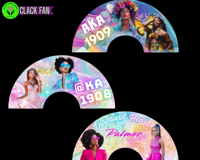 May include: Decorative fan with a semi-circular shape, featuring images of women and text. The fans have a colorful design with the text "AKA 1909", "@KA 1908", and "Diamond Heart Palmer". The fans are likely used for decoration or as a fashion accessory.
