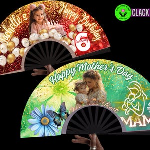 May include: Two decorative hand fans. One fan features a photo of a young girl with the text "Happy Birthday" and "Rochelle's". The other fan has a photo of a mother and child with the text "Happy Mother's Day" and "Mama".