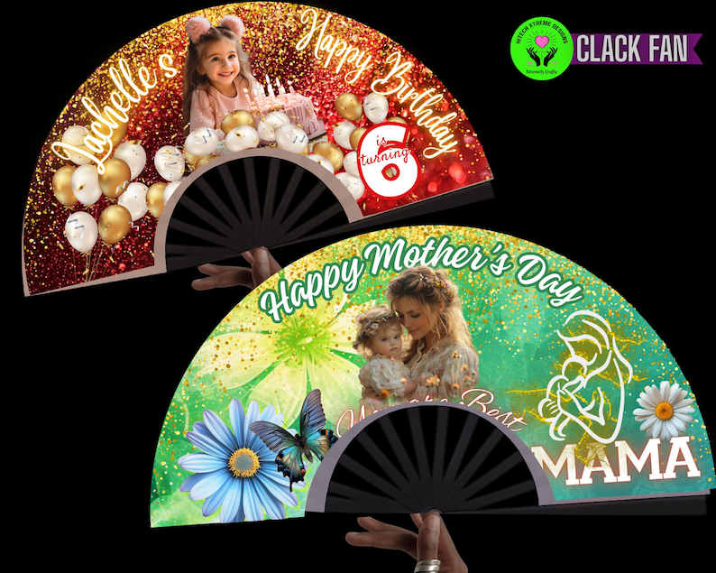 May include: Two decorative hand fans. One fan features a photo of a young girl with the text "Happy Birthday" and "Rochelle's". The other fan has a photo of a mother and child with the text "Happy Mother's Day" and "Mama".