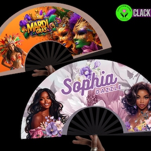 May include: Two black hand fans. One fan features a Mardi Gras design with masks and a woman in a costume. The other fan has a floral design with the text "Sophia Dazzle" and portraits of women.