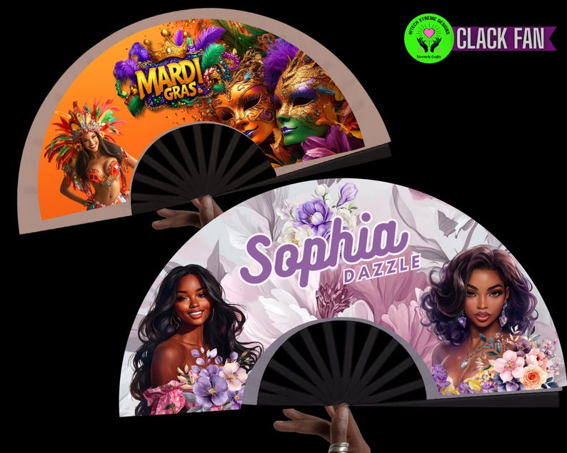 May include: Two black hand fans. One fan features a Mardi Gras design with masks and a woman in a costume. The other fan has a floral design with the text "Sophia Dazzle" and portraits of women.