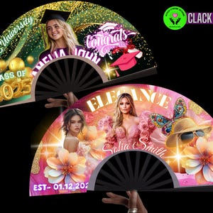 May include: Two decorative hand fans with black ribs. One fan features a graduation theme with text "H.B. University", "Class of 2025", and "Congrats". The other fan has a pink floral design with the text "Elegance" and "Solia Smith".