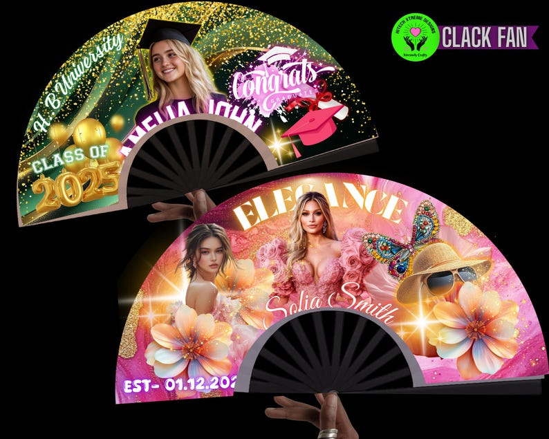 May include: Two decorative hand fans with black ribs. One fan features a graduation theme with text "H.B. University", "Class of 2025", and "Congrats". The other fan has a pink floral design with the text "Elegance" and "Solia Smith".