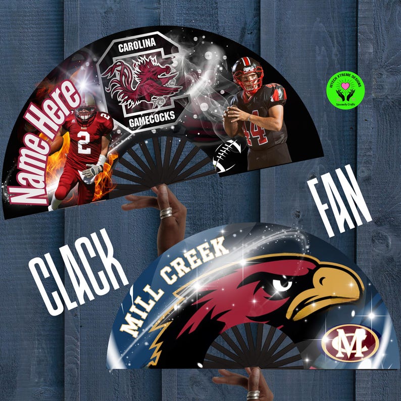 May include: Two decorative fans with football themes. One fan features the text "Name Here" and "Carolina Gamecocks" with a football player. The other fan has a Mill Creek logo and the word "Fan".