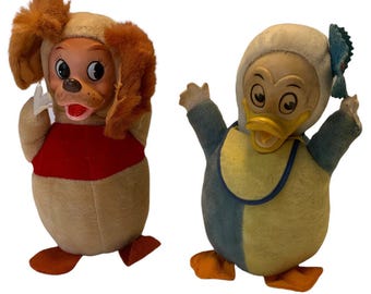 Vintage Gund rubberen baby rammelaar pluche Disney Lady & the Vagebond Donald Duck