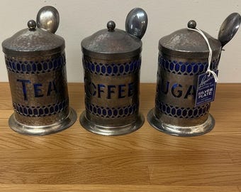 Leonard Silver Sheffield Cobalt Blue Glass Tea Coffee Sugar Canister Set 3pc