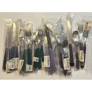 Könnte beinhalten: Eine Sammlung verpackter Bestecksets, darunter Gabeln, Messer und Löffel. Die Griffe sind in verschiedenen Farben erhältlich, wie Blau, Grün und Lila. Jedes Stück ist einzeln in klarem Kunststoff verpackt.