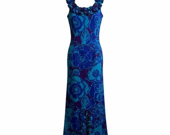 Waltah Clarke's vintage Hawaiiaanse maxi-jurk blauwpaarse bloemen ruche maat 8