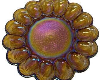 Indiana Glass Amber Carnival Glass Deviled Egg Plate 15 Slot Hobnail 11 Inch