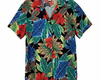 Vtg Hilo Hattie Hawaiian Shirt XL Black Tropical Floral Cotton Made in Hawaii