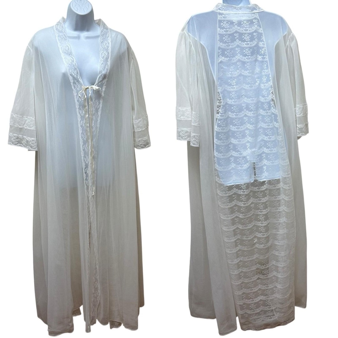 Retro White Robe Vintage Elise Stevens White Sheer Chiffon Lace Nylon Peignoir Robe Plus ...