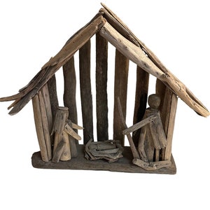 Vtg Driftwood Nativity Creche Hand Crafted Wood Sticks Folkart Rustic Display
