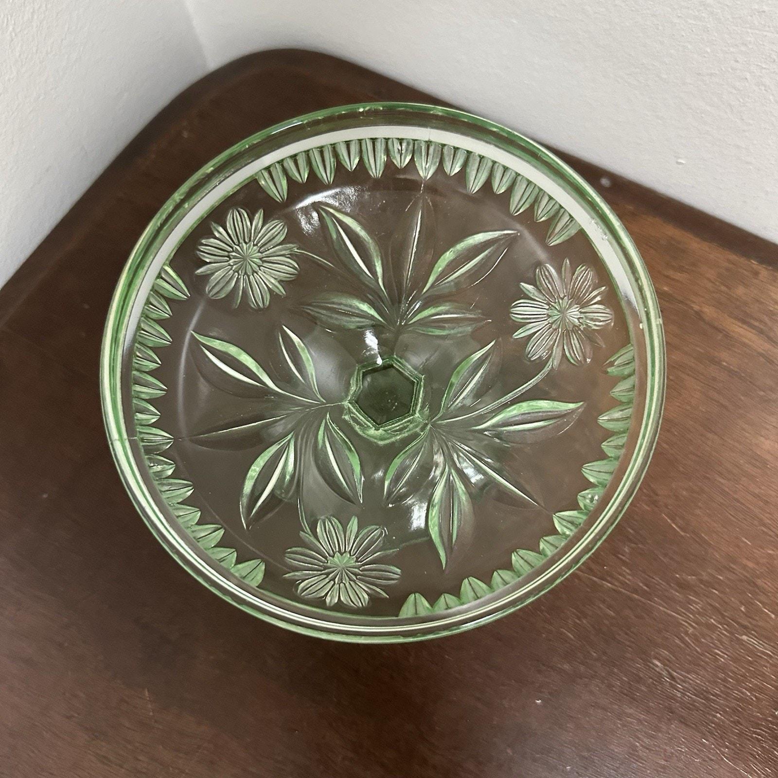 VTG Glows ウランガラス グリーン 脚付き台座 コンポート皿 押し花