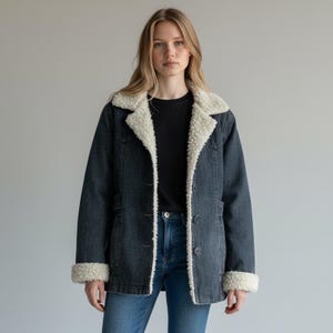 May include: A dark gray denim jacket featuring a thick, cream-colored sherpa fleece lining, a wide notched collar, and long sleeves with matching sherpa cuffs. The jacket includes a front button closure with dark buttons and two side pockets.