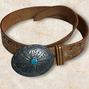 Southwestern Sterling Silver Turquoise Stamped Buckle & Leather Belt Size 32