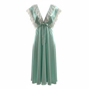 May include: A floor-length mint green nightgown featuring a deep V-neckline, short flutter sleeves trimmed with white lace, and a matching fabric tie at the center of the waist. The garment is crafted from a smooth, satin-like fabric.