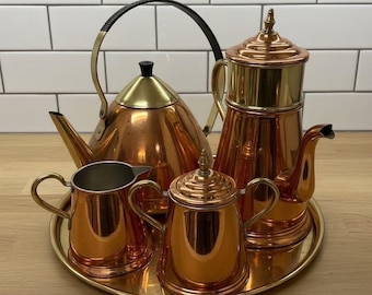 Vintage Daalderop KMD Tiel Kupfer-Messing Tee- und Kaffeeservice Holland 5-teilig mit Tablett