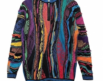 Suéter de punto 3D vintage Coogi Australia para hombre, talla pequeña, multicolor, cremallera de 1/4, algodón.