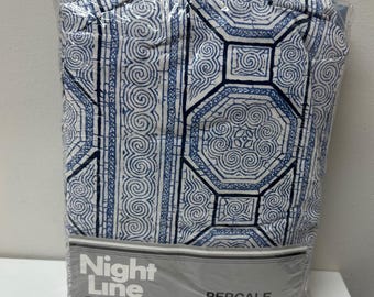 Night Line Vintage Blue White Geometric Percale 4pc Full Sheet Set No-Iron NEW