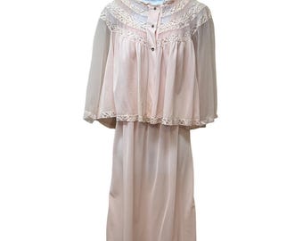 Vintage Sheer Chiffon Silky Nylon Lace Peignoir Gown Robe Set Romantic Pink S/M