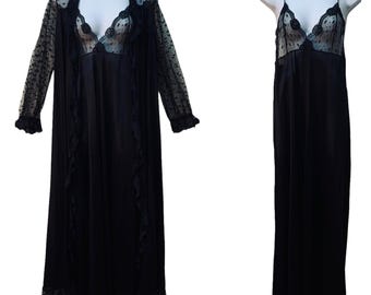 Vintage zwarte nylon pure kant peignoir kamerjas nachtjapon negligé lange jurk set M