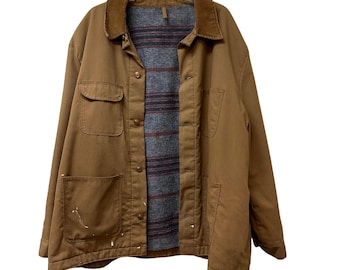 Vintage Workwear Jacket Blanket Lined Corduroy Collar Brown Canvas Men's XL