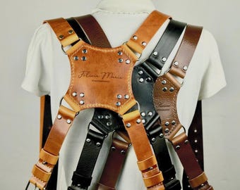 Dual Camera Leather Harness | Adjustable Strap System for 2 DSLR/SLR Cameras | Gift for Photographers