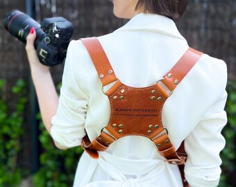 Personalized Dual Camera Harness – Adjustable Leather DSLR/SLR Strap, Custom Engraved Gift