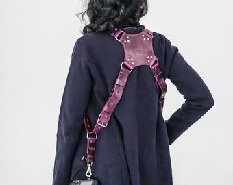 Purple Dual Camera Strap – Leather Shoulder Harness for Two Cameras – Photographer Gear Accessory