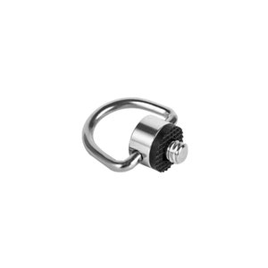 May include: A silver metal D-ring with a black rubber base and a threaded screw. The D-ring is designed for attaching accessories to cameras, tripods, or other equipment.