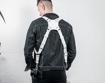 White Dual Leather Camera Harness | Personalized Adjustable DSLR/SLR Strap | Engraved Photographer Gift