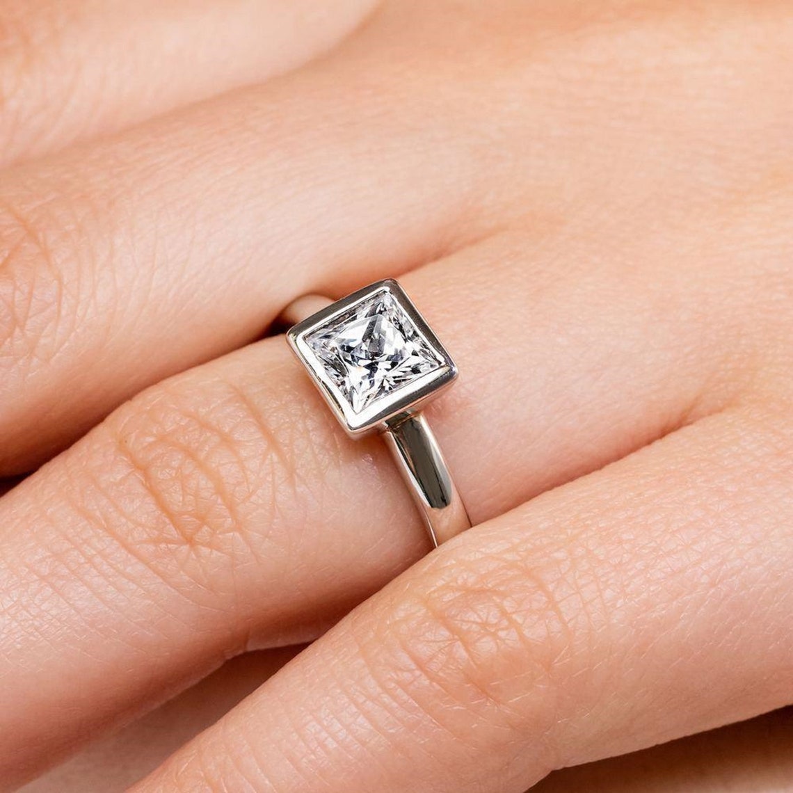 1.00CT Princess Cut bezel set solitaire Moissanite Ring For Etsy